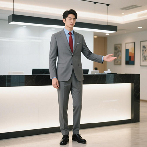 夏季灰色男士職業(yè)裝前臺(tái)商務(wù)西服套裝定制藍(lán)襯衫紅領(lǐng)帶300