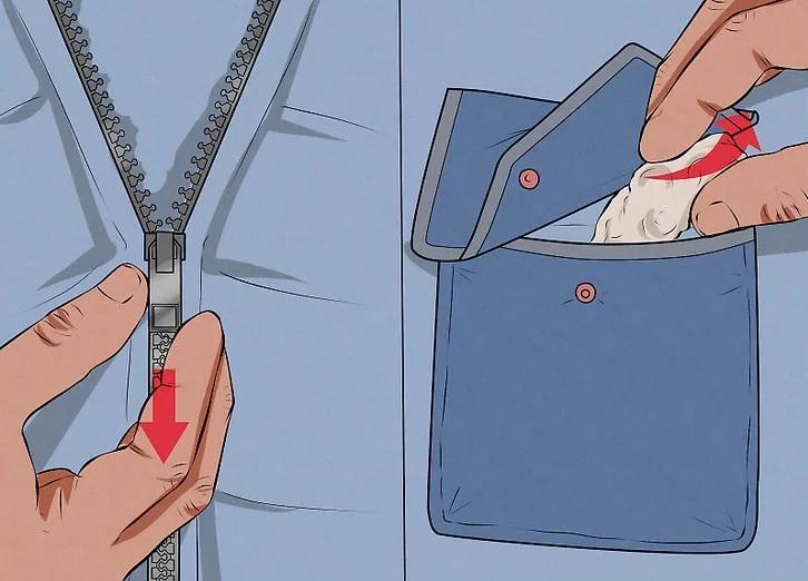 拉起拉鏈，扣上扣子，檢查口袋