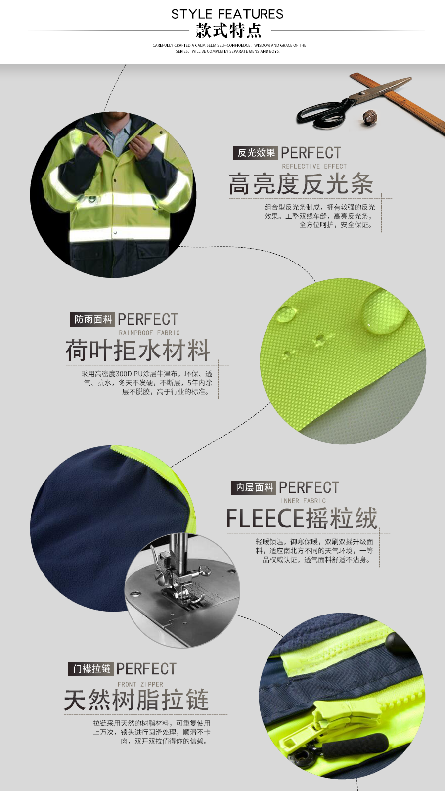 建筑工地反光防水工作服—款式特點(diǎn)
