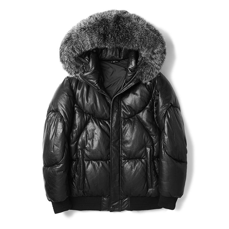 真皮連帽毛領羽絨服定制款式圖片