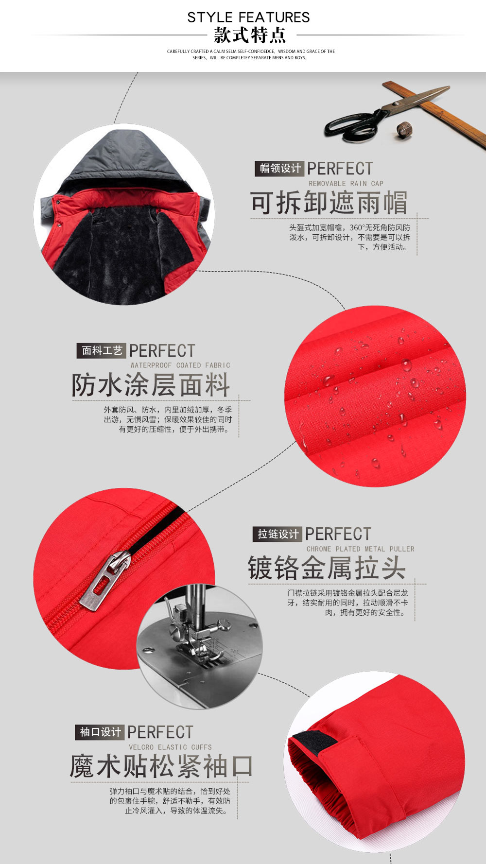 連帽加絨防水棉服—款式特點